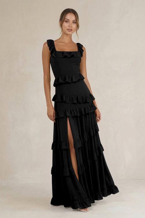 Tiered Square Neck Ruffled A - Line Bridesmaid Dress in Black - KissProm Bridesmaid Dresses