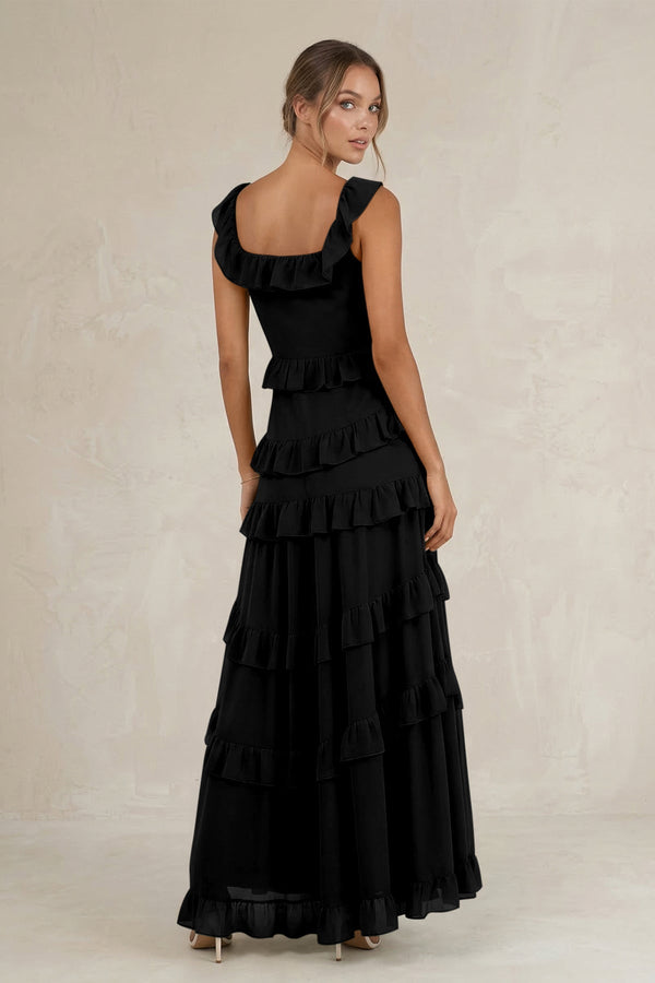 Tiered Square Neck Ruffled A - Line Bridesmaid Dress in Black - KissProm Bridesmaid Dresses