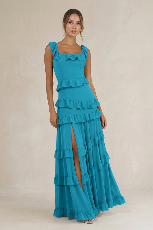 Tiered Square Neck Ruffled A - Line Bridesmaid Dress in Blue Jay - KissProm Bridesmaid Dresses