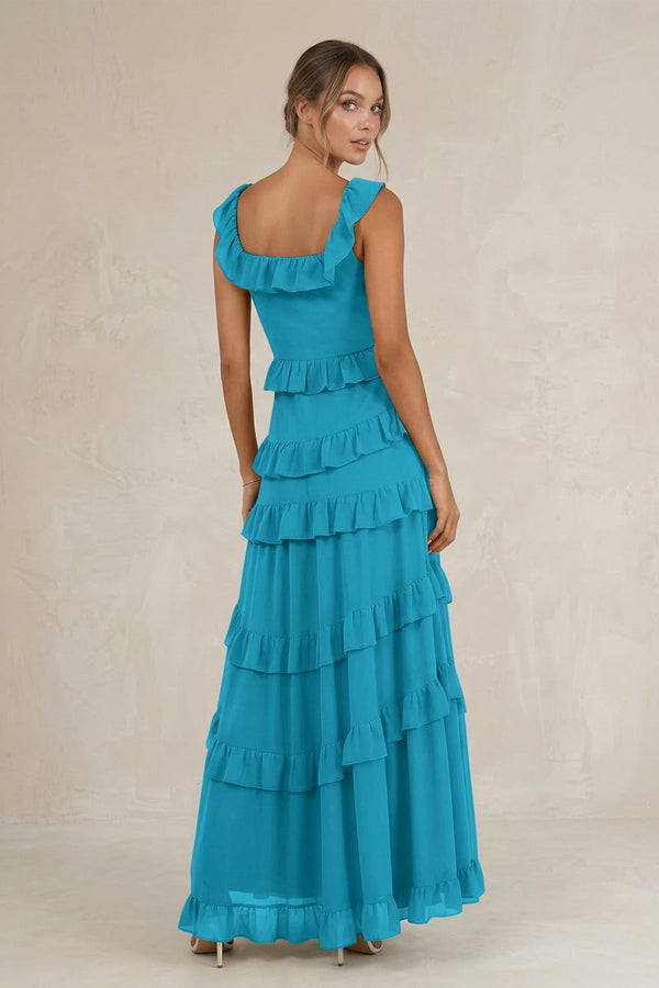 Tiered Square Neck Ruffled A - Line Bridesmaid Dress in Blue Jay - KissProm Bridesmaid Dresses