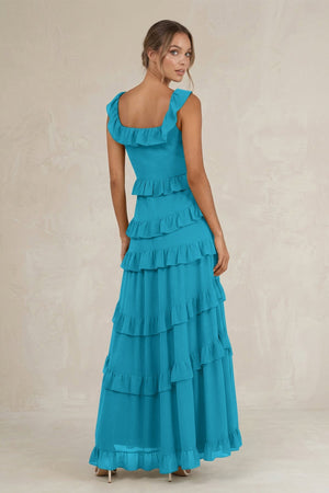 Tiered Square Neck Ruffled A - Line Bridesmaid Dress in Blue Jay - KissProm Bridesmaid Dresses