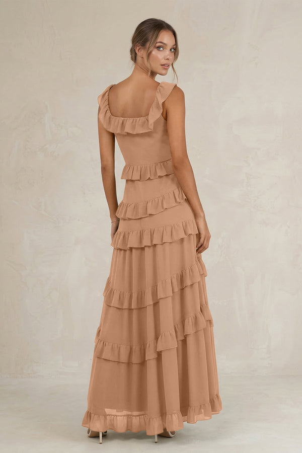 Tiered Square Neck Ruffled A - Line Bridesmaid Dress in Bronzer - KissProm Bridesmaid Dresses
