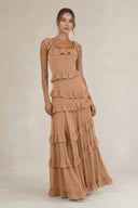 Tiered Square Neck Ruffled A - Line Bridesmaid Dress in Bronzer - KissProm Bridesmaid Dresses
