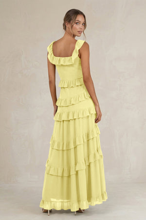 Tiered Square Neck Ruffled A - Line Bridesmaid Dress in Buttercup - KissProm Bridesmaid Dresses