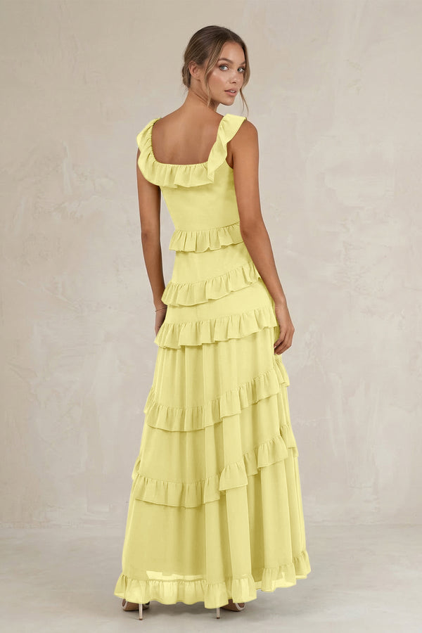 Tiered Square Neck Ruffled A - Line Bridesmaid Dress in Buttercup - KissProm Bridesmaid Dresses