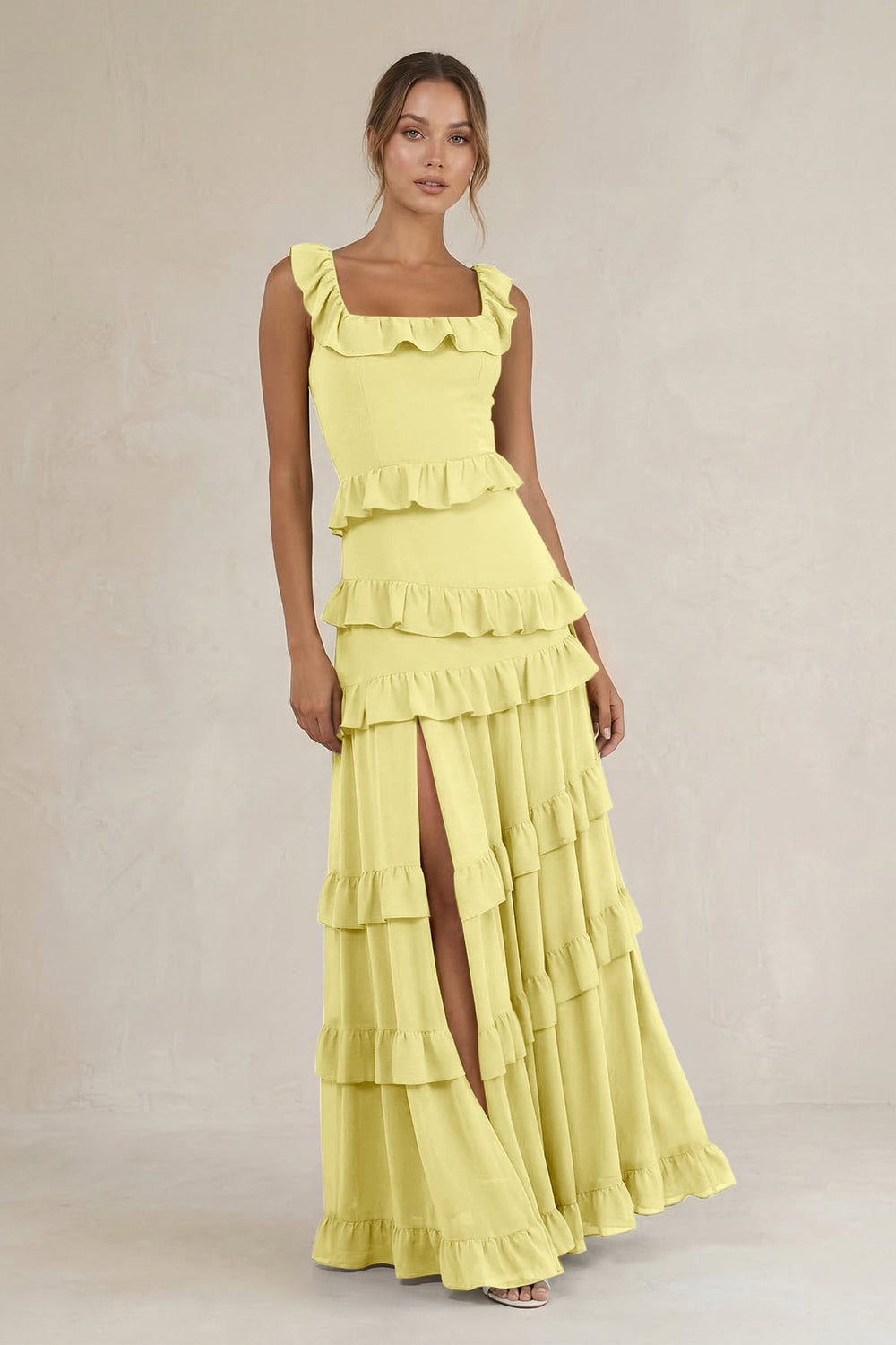 Tiered Square Neck Ruffled A - Line Bridesmaid Dress in Buttercup - KissProm Bridesmaid Dresses