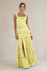 Tiered Square Neck Ruffled A - Line Bridesmaid Dress in Buttercup - KissProm Bridesmaid Dresses