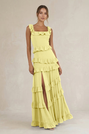 Tiered Square Neck Ruffled A - Line Bridesmaid Dress in Buttercup - KissProm Bridesmaid Dresses