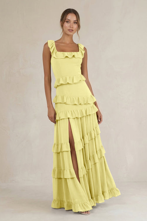Tiered Square Neck Ruffled A - Line Bridesmaid Dress in Buttercup - KissProm Bridesmaid Dresses