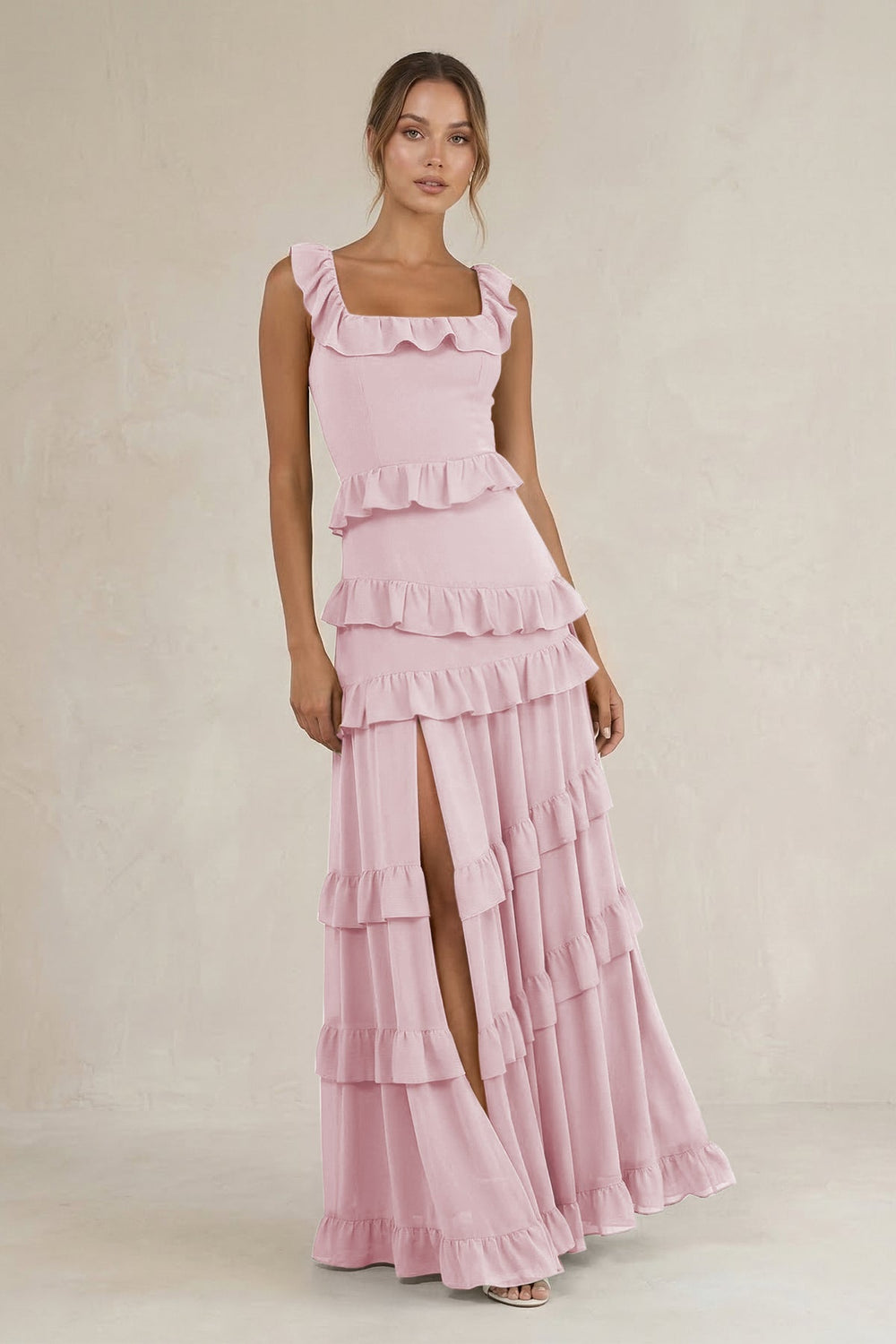 Tiered Square Neck Ruffled A - Line Bridesmaid Dress in Candy Pink - KissProm Bridesmaid Dresses