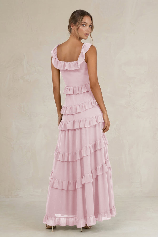 Tiered Square Neck Ruffled A - Line Bridesmaid Dress in Candy Pink - KissProm Bridesmaid Dresses
