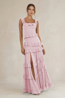 Tiered Square Neck Ruffled A - Line Bridesmaid Dress in Candy Pink - KissProm Bridesmaid Dresses