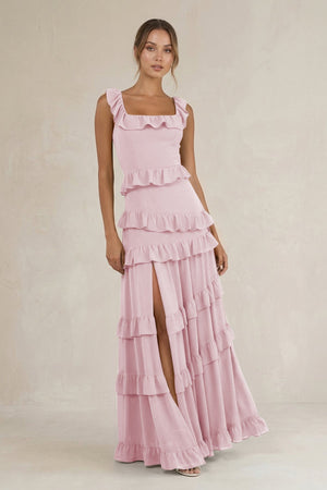 Tiered Square Neck Ruffled A - Line Bridesmaid Dress in Candy Pink - KissProm Bridesmaid Dresses