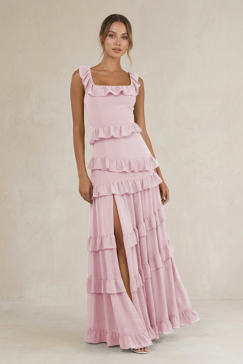 Tiered Square Neck Ruffled A - Line Bridesmaid Dress in Candy Pink - KissProm Bridesmaid Dresses