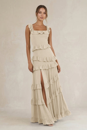Tiered Square Neck Ruffled A - Line Bridesmaid Dress in Champagne - KissProm Bridesmaid Dresses