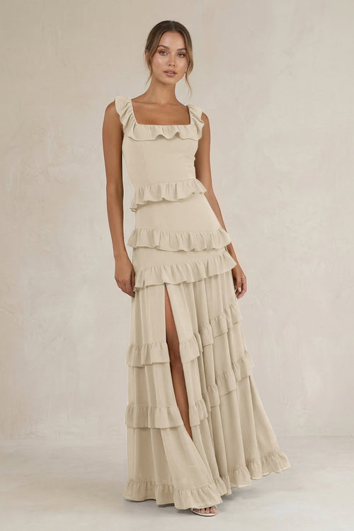 Tiered Square Neck Ruffled A - Line Bridesmaid Dress in Champagne - KissProm Bridesmaid Dresses