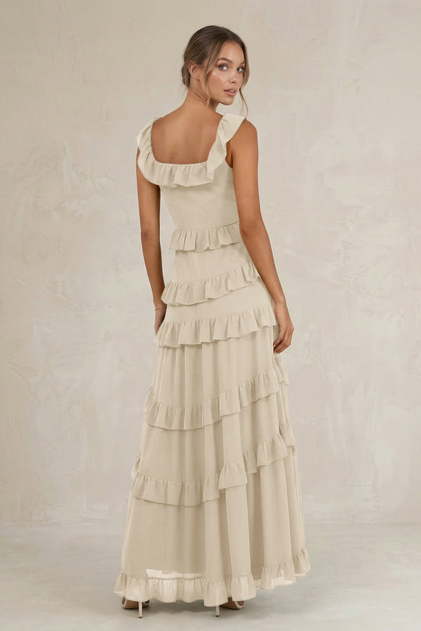 Tiered Square Neck Ruffled A - Line Bridesmaid Dress in Champagne - KissProm Bridesmaid Dresses