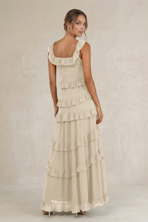 Tiered Square Neck Ruffled A - Line Bridesmaid Dress in Champagne - KissProm Bridesmaid Dresses