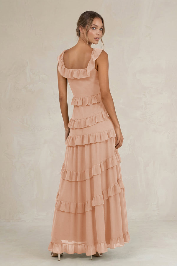 Tiered Square Neck Ruffled A - Line Bridesmaid Dress in Champagne Rose - KissProm Bridesmaid Dresses