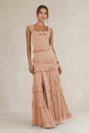 Tiered Square Neck Ruffled A - Line Bridesmaid Dress in Champagne Rose - KissProm Bridesmaid Dresses