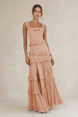 Tiered Square Neck Ruffled A - Line Bridesmaid Dress in Champagne Rose - KissProm Bridesmaid Dresses