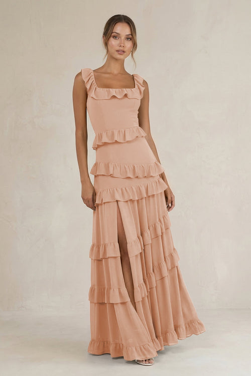 Tiered Square Neck Ruffled A - Line Bridesmaid Dress in Champagne Rose - KissProm Bridesmaid Dresses