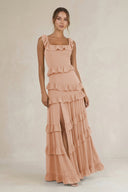 Tiered Square Neck Ruffled A - Line Bridesmaid Dress in Champagne Rose - KissProm Bridesmaid Dresses