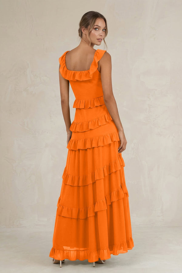 Tiered Square Neck Ruffled A - Line Bridesmaid Dress in Cinnamon - KissProm Bridesmaid Dresses