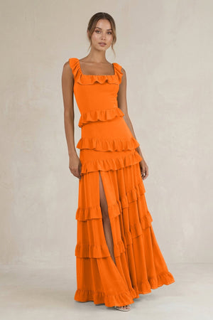 Tiered Square Neck Ruffled A - Line Bridesmaid Dress in Cinnamon - KissProm Bridesmaid Dresses