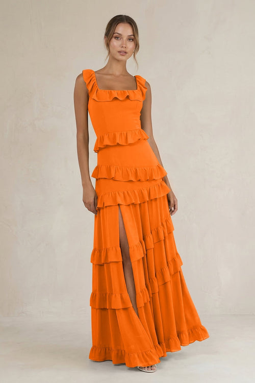 Tiered Square Neck Ruffled A - Line Bridesmaid Dress in Cinnamon - KissProm Bridesmaid Dresses