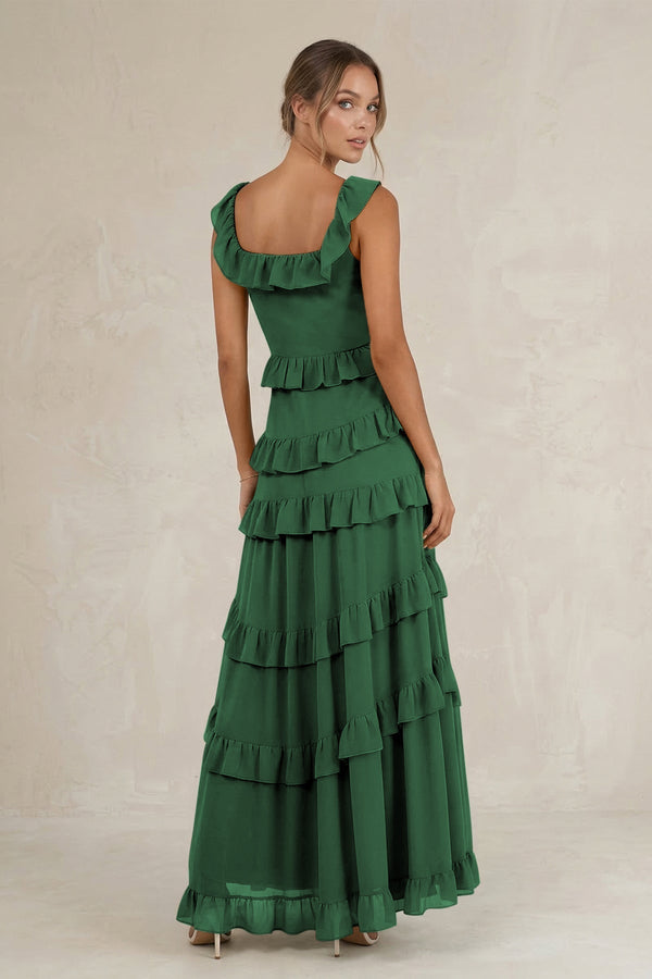 Tiered Square Neck Ruffled A - Line Bridesmaid Dress in Dark Green - KissProm Bridesmaid Dresses
