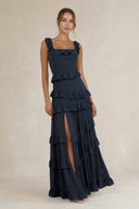 Tiered Square Neck Ruffled A - Line Bridesmaid Dress in Dark Navy - KissProm Bridesmaid Dresses