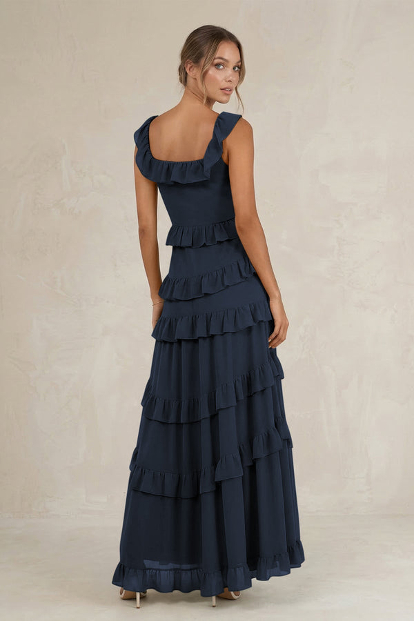 Tiered Square Neck Ruffled A - Line Bridesmaid Dress in Dark Navy - KissProm Bridesmaid Dresses