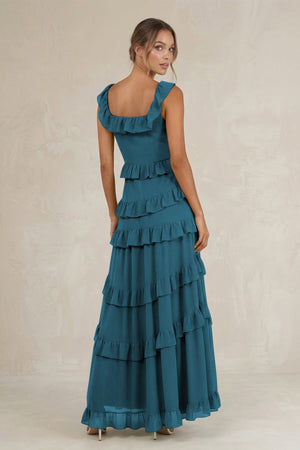 Tiered Square Neck Ruffled A - Line Bridesmaid Dress in Dark Teal - KissProm Bridesmaid Dresses