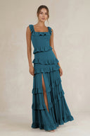 Tiered Square Neck Ruffled A - Line Bridesmaid Dress in Dark Teal - KissProm Bridesmaid Dresses