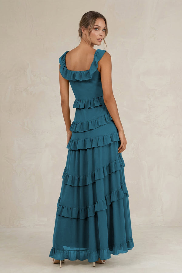 Tiered Square Neck Ruffled A - Line Bridesmaid Dress in Dark Teal - KissProm Bridesmaid Dresses