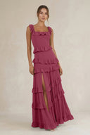 Tiered Square Neck Ruffled A - Line Bridesmaid Dress in Desert Rose - KissProm Bridesmaid Dresses