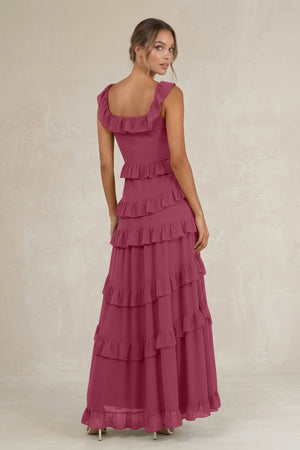 Tiered Square Neck Ruffled A - Line Bridesmaid Dress in Desert Rose - KissProm Bridesmaid Dresses