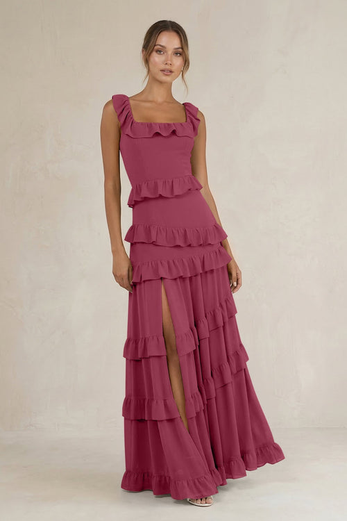 Tiered Square Neck Ruffled A - Line Bridesmaid Dress in Desert Rose - KissProm Bridesmaid Dresses