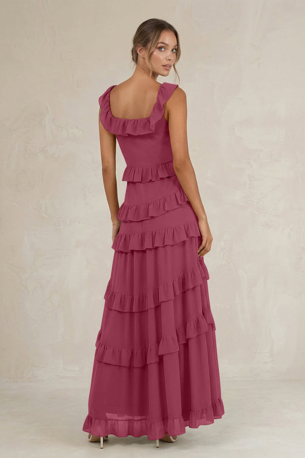 Tiered Square Neck Ruffled A - Line Bridesmaid Dress in Desert Rose - KissProm Bridesmaid Dresses