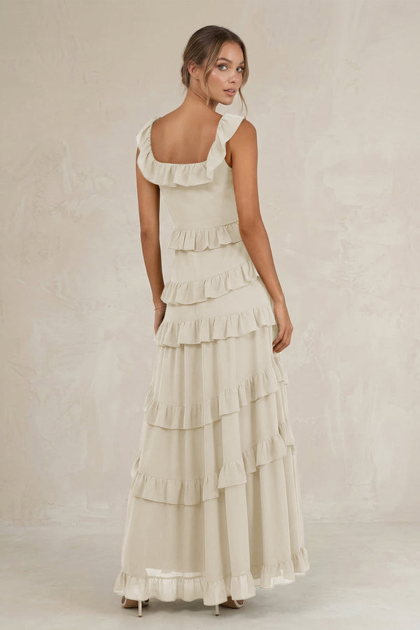 Tiered Square Neck Ruffled A - Line Bridesmaid Dress in Dove Gray - KissProm Bridesmaid Dresses