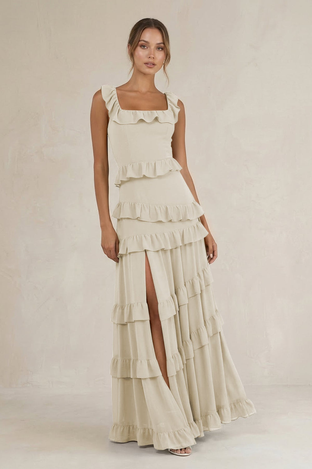 Tiered Square Neck Ruffled A - Line Bridesmaid Dress in Dove Gray - KissProm Bridesmaid Dresses