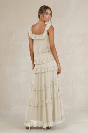 Tiered Square Neck Ruffled A - Line Bridesmaid Dress in Dove Gray - KissProm Bridesmaid Dresses