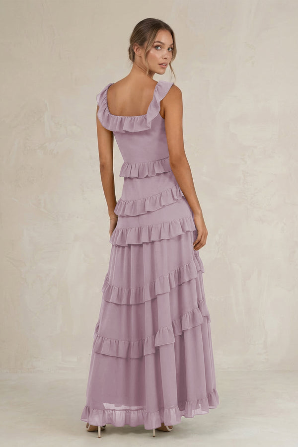Tiered Square Neck Ruffled A - Line Bridesmaid Dress in Dusk - KissProm Bridesmaid Dresses