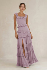 Tiered Square Neck Ruffled A - Line Bridesmaid Dress in Dusk - KissProm Bridesmaid Dresses