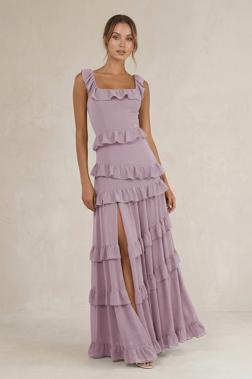 Tiered Square Neck Ruffled A - Line Bridesmaid Dress in Dusk - KissProm Bridesmaid Dresses
