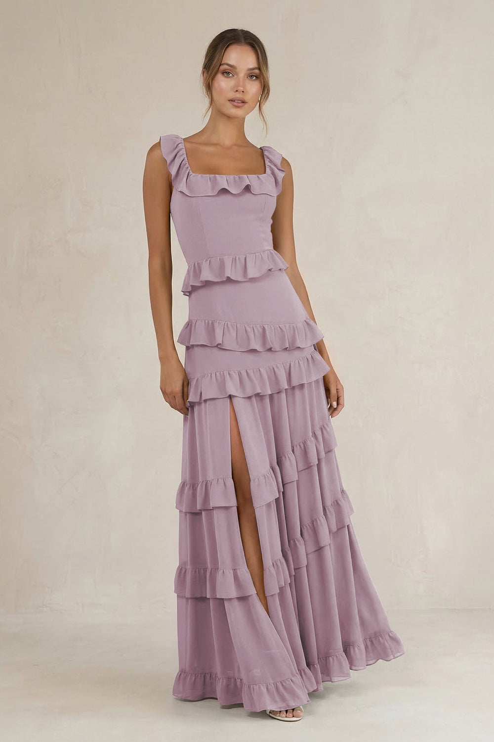 Tiered Square Neck Ruffled A - Line Bridesmaid Dress in Dusk - KissProm Bridesmaid Dresses