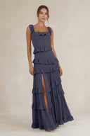 Tiered Square Neck Ruffled A - Line Bridesmaid Dress in Dusk Blue - KissProm Bridesmaid Dresses