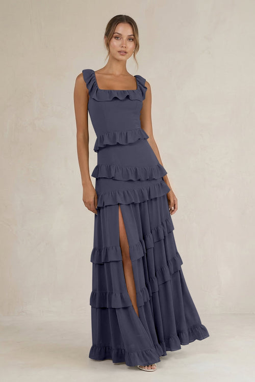 Tiered Square Neck Ruffled A - Line Bridesmaid Dress in Dusk Blue - KissProm Bridesmaid Dresses