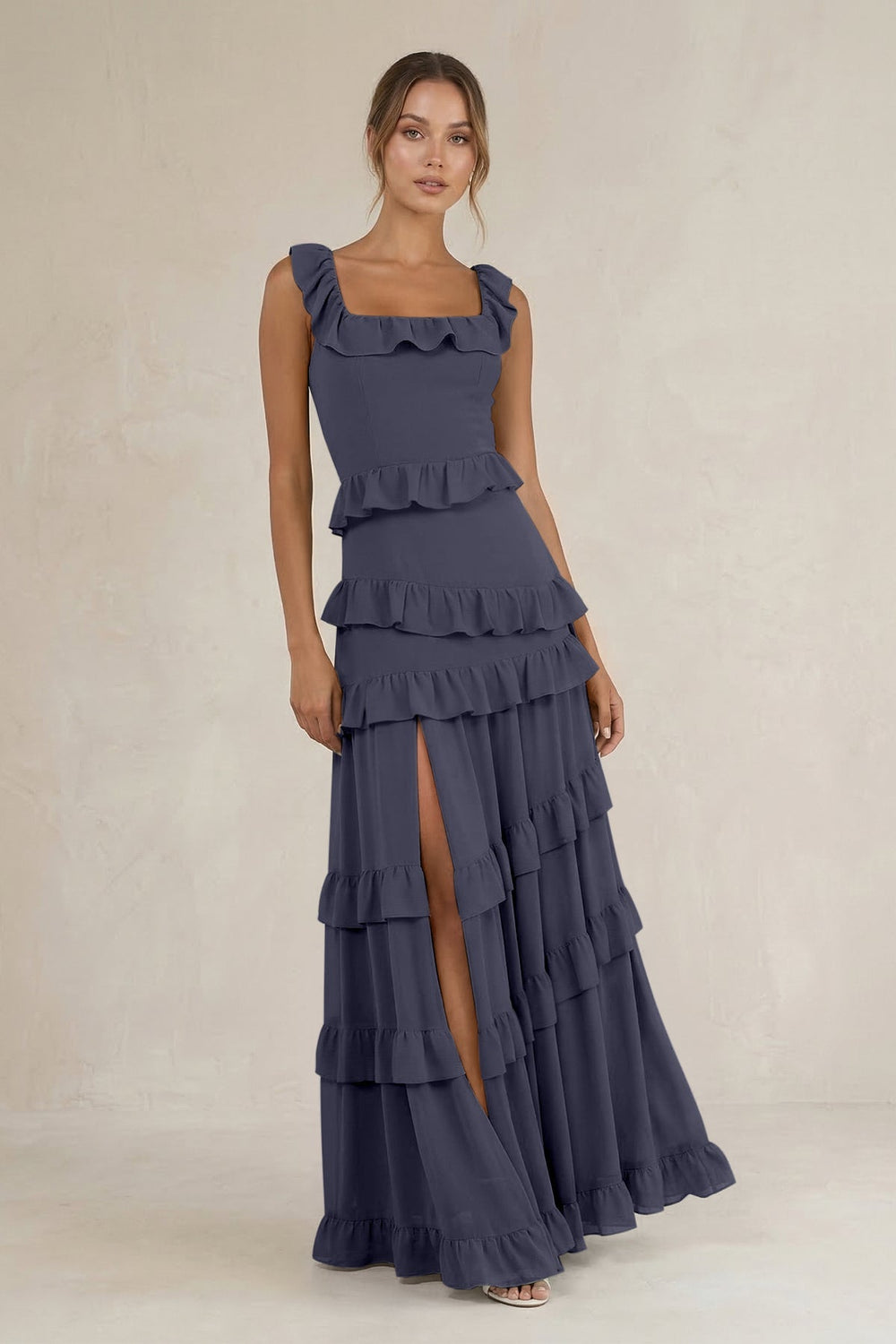 Tiered Square Neck Ruffled A - Line Bridesmaid Dress in Dusk Blue - KissProm Bridesmaid Dresses